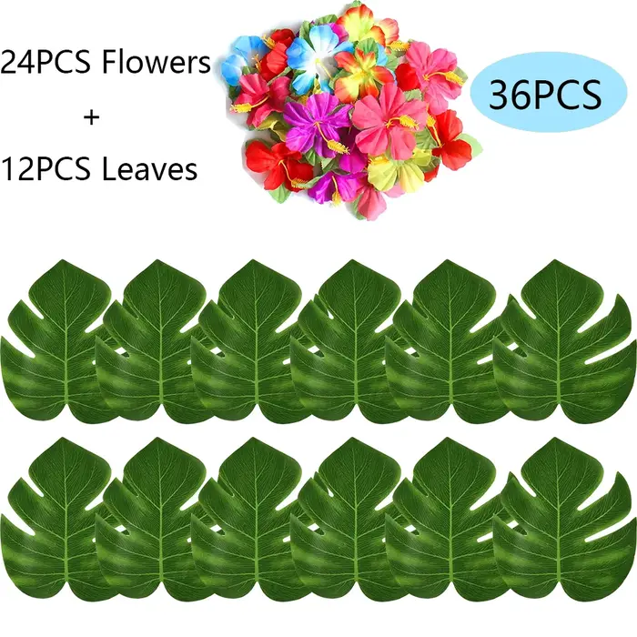 Feuilles de palmier tropicales, Simulation de fleur d'hibiscus, feuille artificielle hawaïenne Luau 