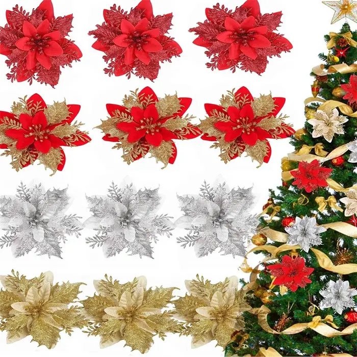 Poinsettia – fleurs de noël artificielles à paillettes