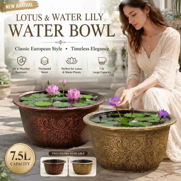 Pot de fleurs en résine Lotus, capacité 7,5 L, hauteur 19 cm, réservoir d'eau, grand pot de fleurs rétro en cuivre bronze, utilisation en intérieur
