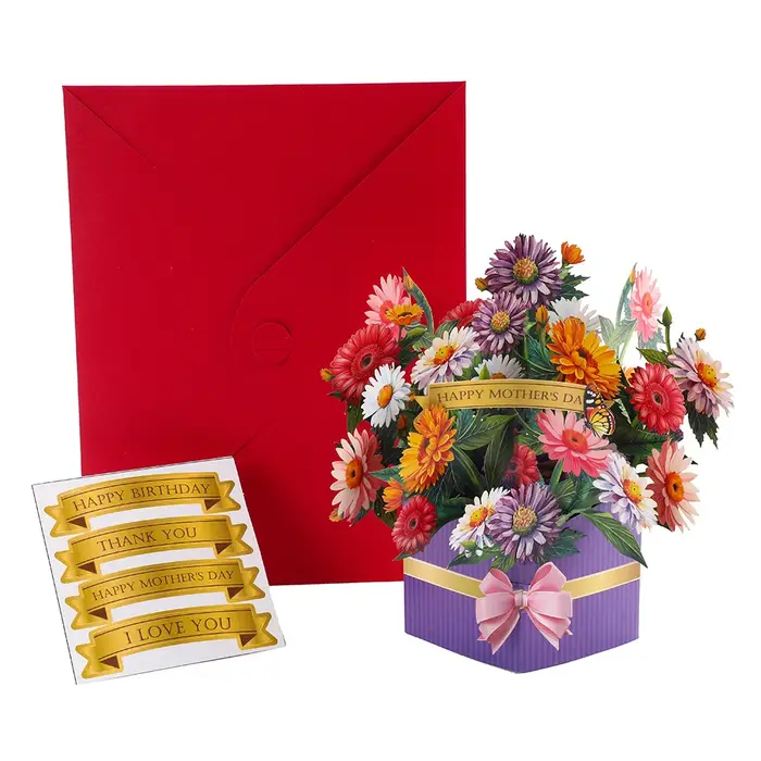 Carte de vœux pop-up avec bouquet de fleurs, avec bannières dorées, pour anniversaire, fête des mère