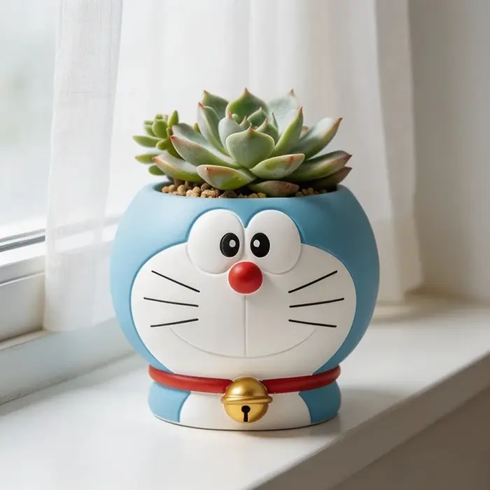 Pot de fleurs succulentes Doraemon, pot à plantes kawaii, mini pot de plantes d'intérieur, décoration de bureau, décoration de jardin, ornement, cadeau parfait