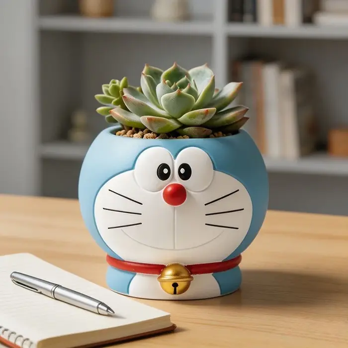 Pot de fleurs succulentes Doraemon, pot à plantes kawaii, mini pot de plantes d'intérieur, décoration de bureau, décoration de jardin, ornement, cadeau parfait