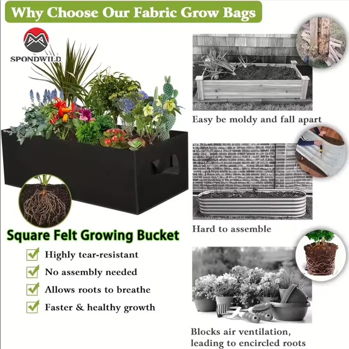 Sac de plantation carré respirant, seau de culture Non tissé avec conception de contrôle des racines, peu encombrant et pliable pour un jardinage polyvalent