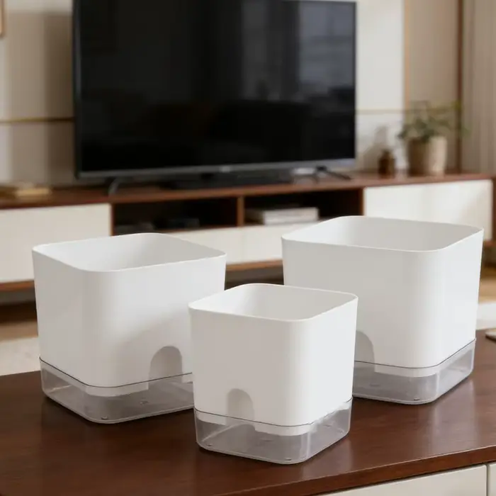 Pot de fleurs auto-arrosant blanc carré à double couche pour plantes d'intérieur et d'extérieur