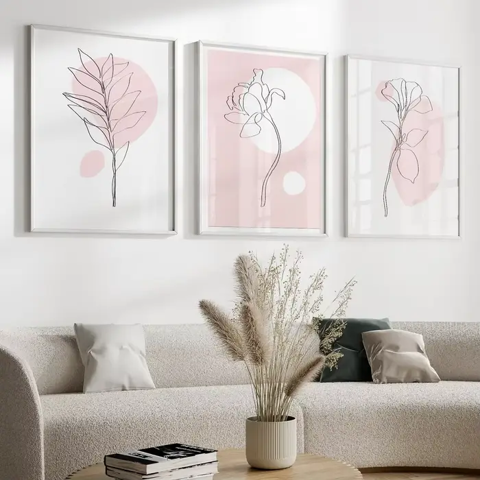 Lot de 3 tableaux muraux botaniques roses – Décoration murale botanique – Affiche d'art linéaire botanique – Décoration intérieure rose – Peinture sur toile pour la décoration de chambre