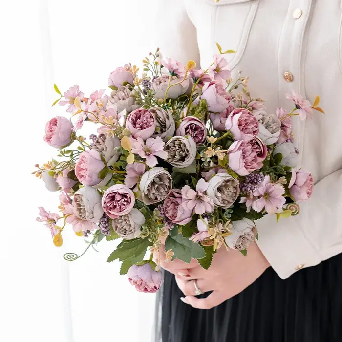 Fleurs artificielles en soie bourgeon de thé Rose couronne de pivoine saint valentin mariage Bouquet de mariée maison