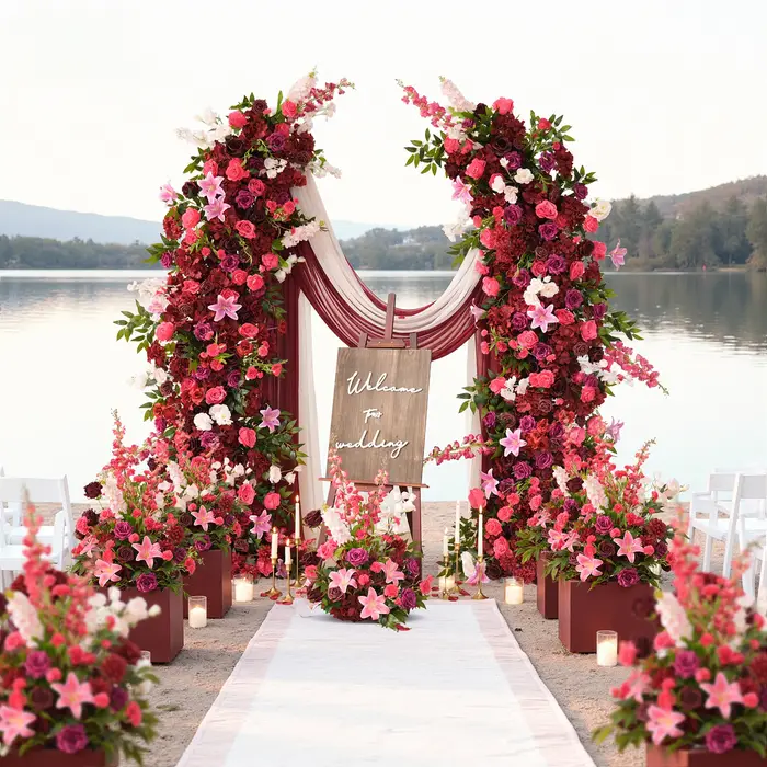 HMEOT H9047 Hydrangeas bordeaux Rose feuille verte Arrangement Floral corne arc décoration idées pour mariage passerelle allée boules de fleurs