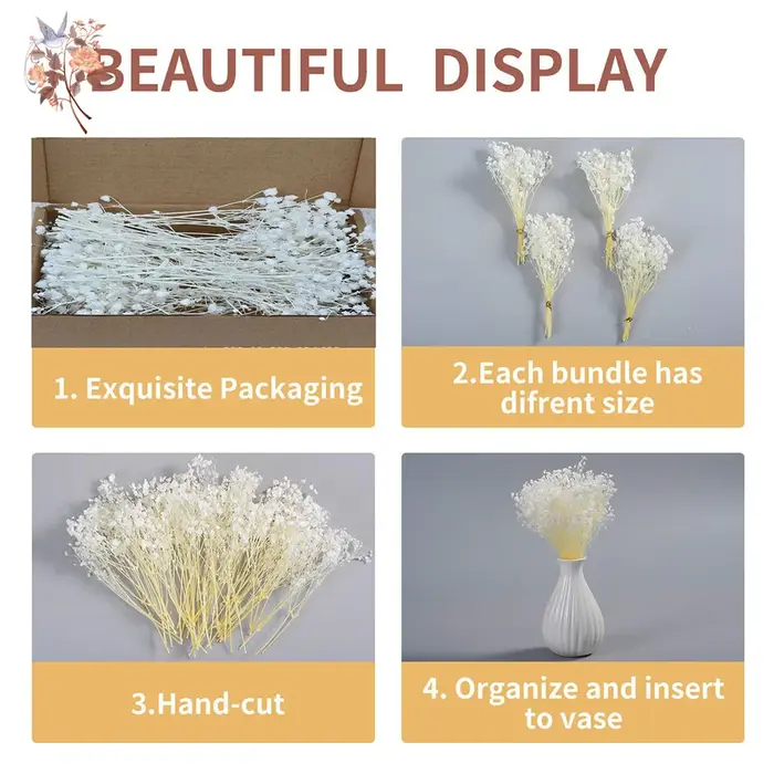 Mini-bouquet de 50 petites fleurs séchées de gypsophile blanches en vrac pour décoration rustique de maison