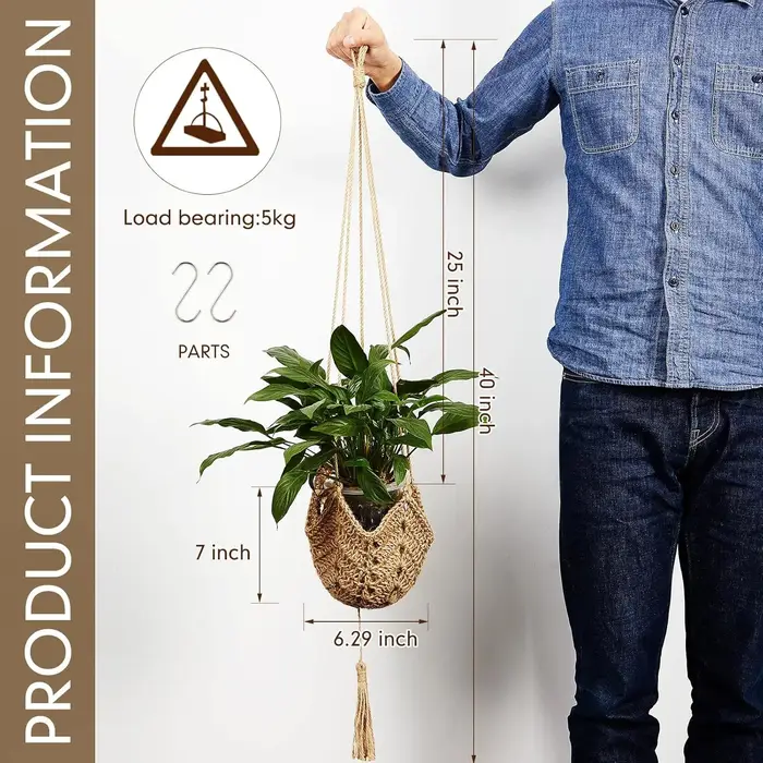 Support de plante en macramé long en jute pour pots de 3 à 12 pouces avec crochets en forme de S pour la décoration de la maison (marron)