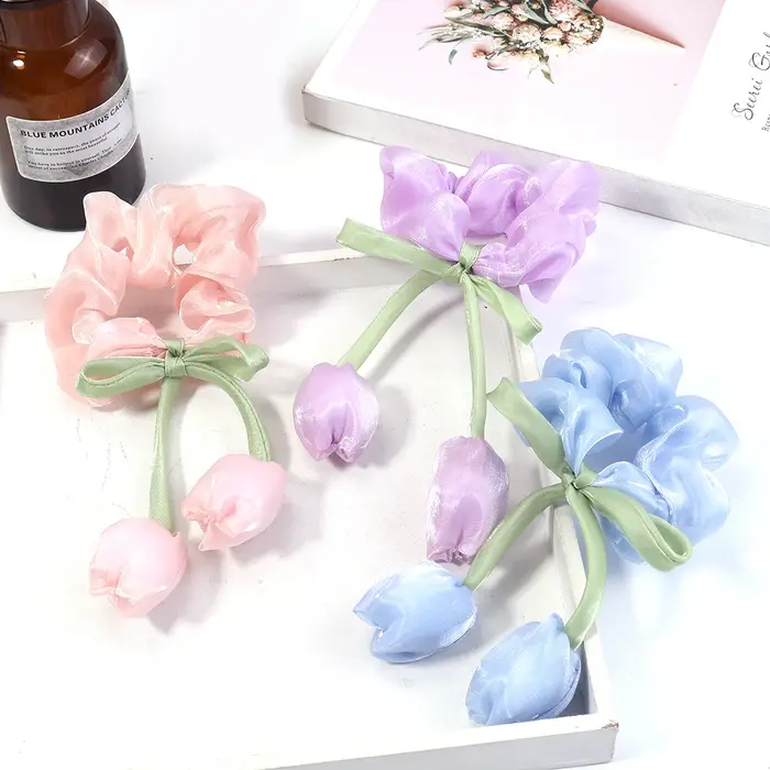 Lot de 5 fleurs décoratives 3D en forme de tulipe avec nœud