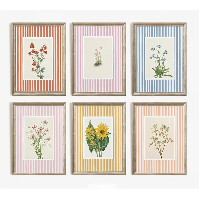 Toile de fond rayé de fleur botanique de tournesol de lys bleu, peinture murale imprimée, affiche d'art, décoration de salon moderne pour la maison