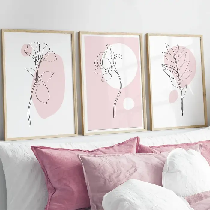 Lot de 3 tableaux muraux botaniques roses – Décoration murale botanique – Affiche d'art linéaire botanique – Décoration intérieure rose – Peinture sur toile pour la décoration de chambre