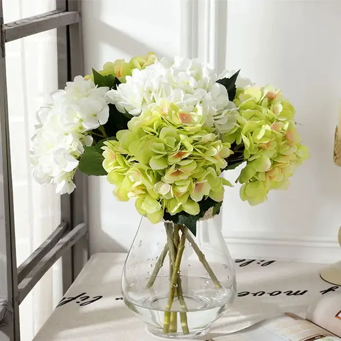 Vert Aloes 3 pièces décoration de bureau soie fausses fleurs hortensies artificielles Simulation fleur blanc 2 feuilles branche d'hortensia