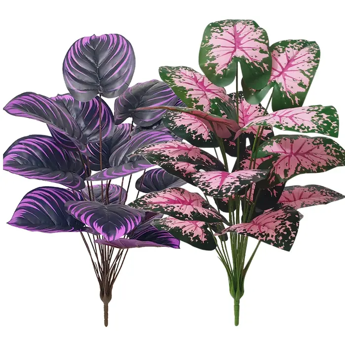 Ensemble de 2 plantes artificielles de Caladium avec feuilles roses violettes