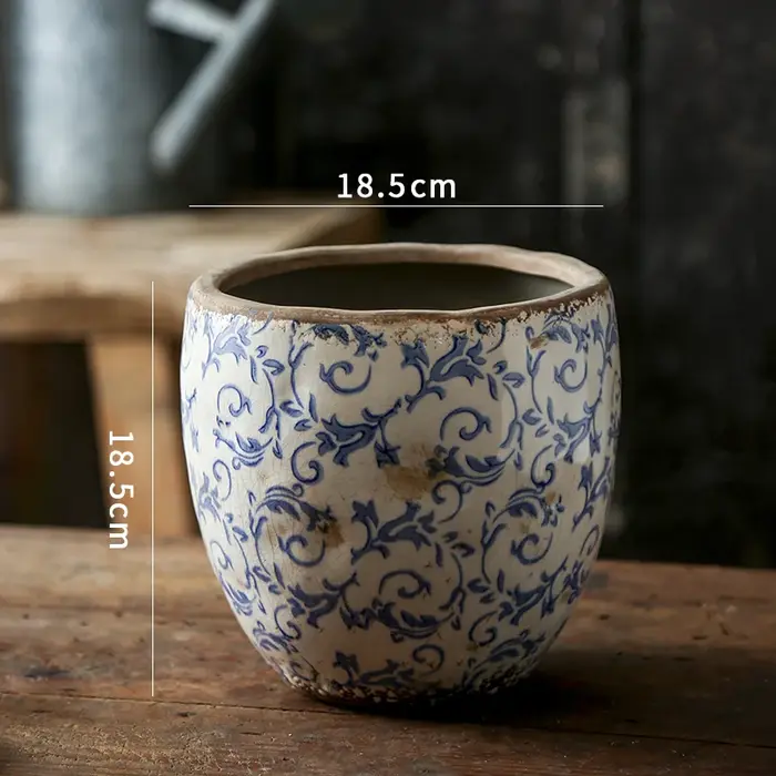 Pot de fleur en céramique de poterie bleue et blanche antique chinoise