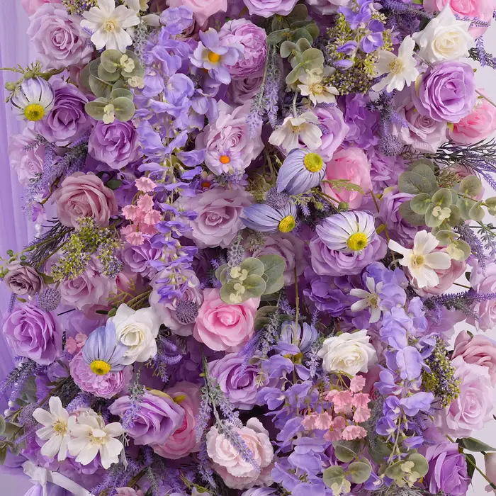 A8950 rêveur violet lavande Rose Delphinium tissu Base fleur rangée mariage toile de fond décor carré arc cadre Arrangement Floral