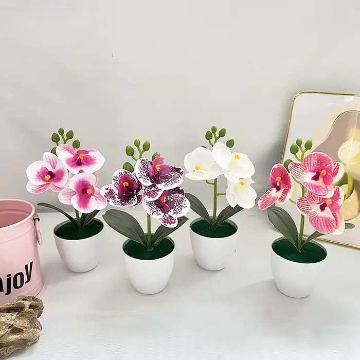 Mini Plante en Pot Artificielle Orchidée Papillon à 3 Fleurs, Accessoire Végétal Vert pour Décoration de Salon et Maison