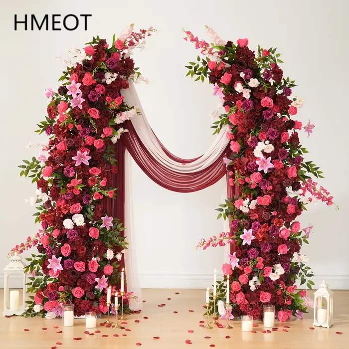 HMEOT H9047 Hydrangeas bordeaux Rose feuille verte Arrangement Floral corne arc décoration idées pour mariage passerelle allée boules de fleurs