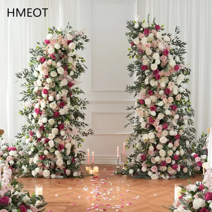 H9094 HMEOT Arche florale artificielle rose vif et feuilles vertes pour décoration de mariage