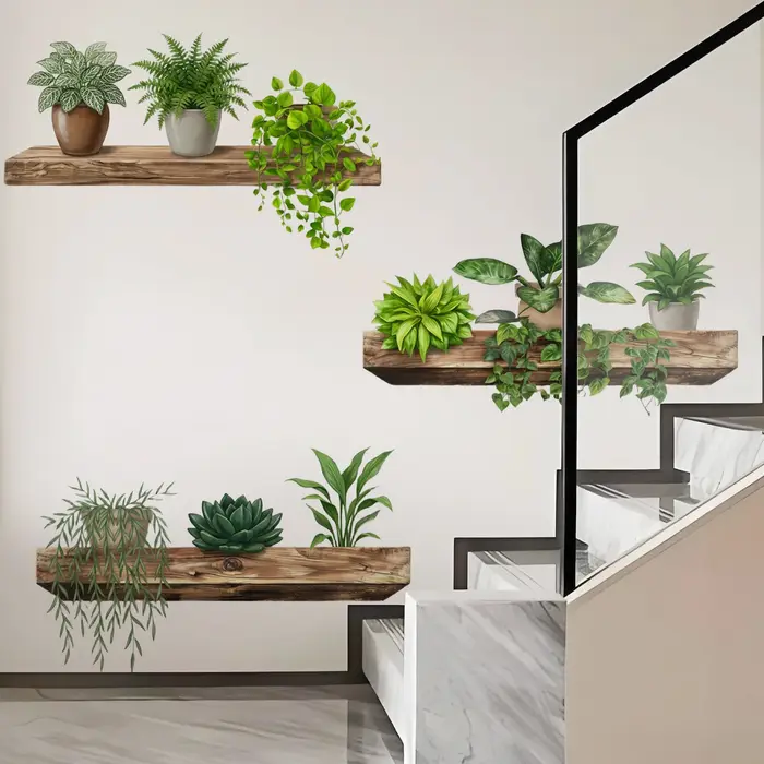 Autocollant mural en vinyle imperméable avec plantes vertes en pot pour la chambre à coucher