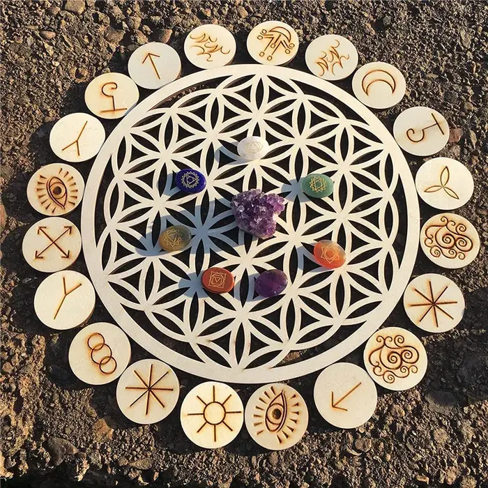 Planche à grille en bois et cristal, fleur de vie, Chakra géométrique sacré, décoration murale artistique, décoration spirituelle pour la maison, pour le Yoga/Méditation