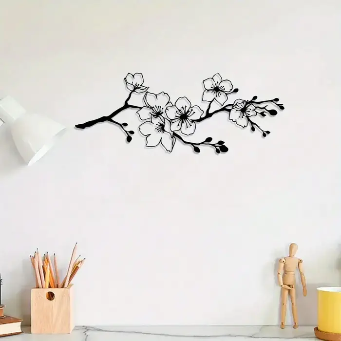 Art mural de fleurs, décor en fer de fleur de cerisier noir, décoration murale moderne en métal pour