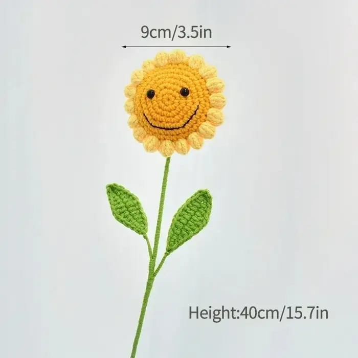 Bouquet de tournesol au crochet en laine fait à la main – 1 branche unique avec visage souriant, déc