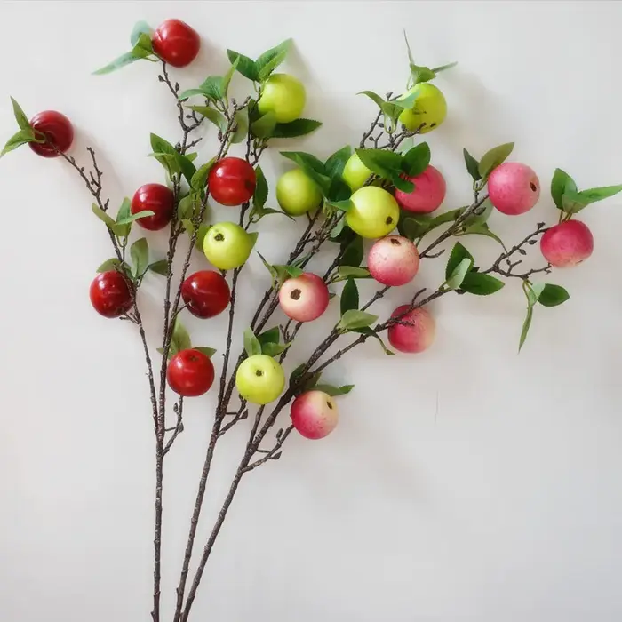Une branche d'arbre à pommes de grenade artificielle 7 plante verte de fruits de pomme pour la décoration florale murale de fête de mariage