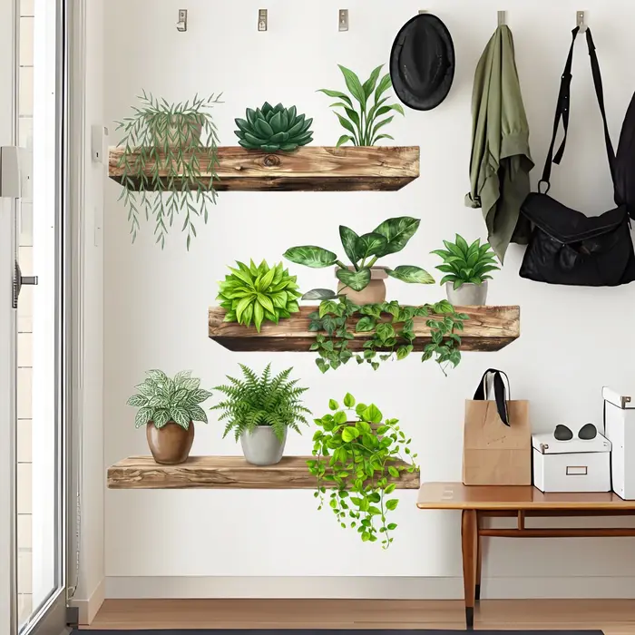 Autocollant mural en vinyle imperméable avec plantes vertes en pot pour la chambre à coucher