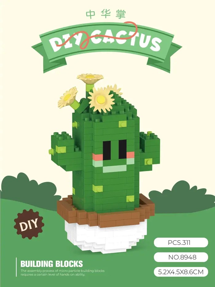 Mini MOC Cactus en Pot, Micro Blocs de Construction, Fleur 3D en Diamant, Décoration de Bureau, Modè