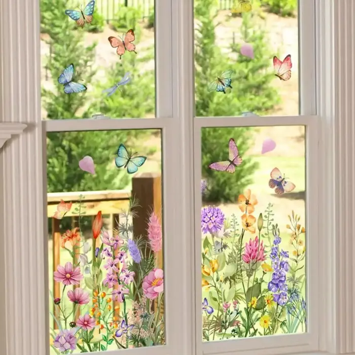 Autocollant mural statique coloré papillon et fleur