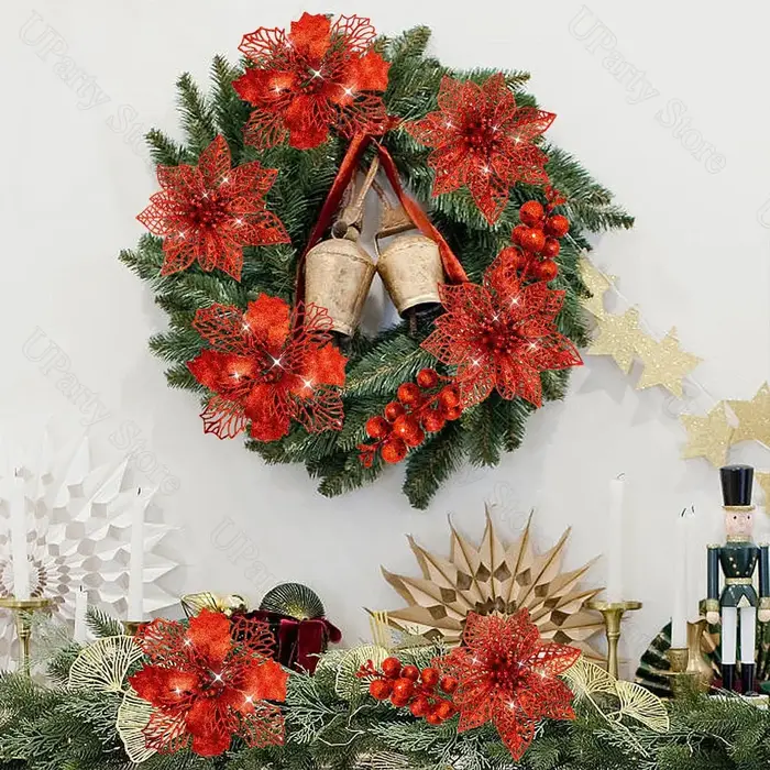 12 pièces Poinsettia fleurs de noël avec Clips paillettes or