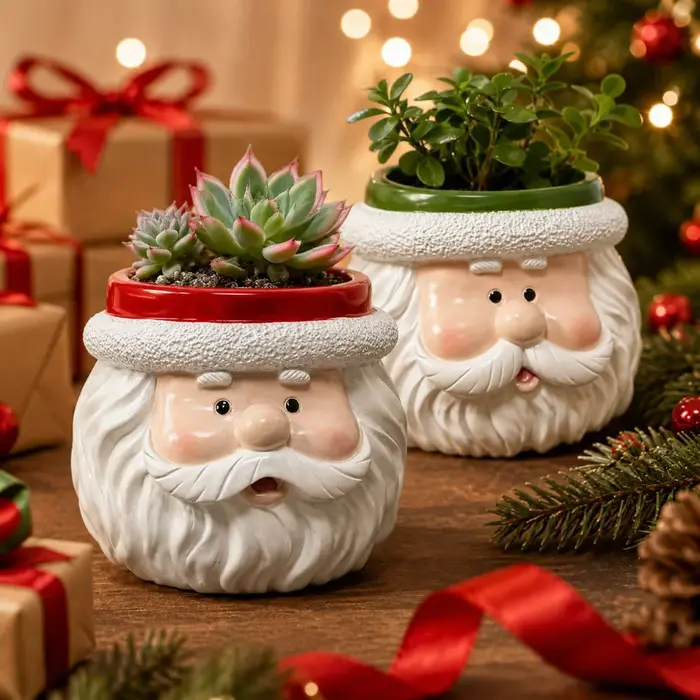 Pot de fleurs de Noël en résine miniature, motif Père Noël, mignon, pour plantes succulentes, décoration de bureau, petit contenant pour plantes, cadeau de Noël.