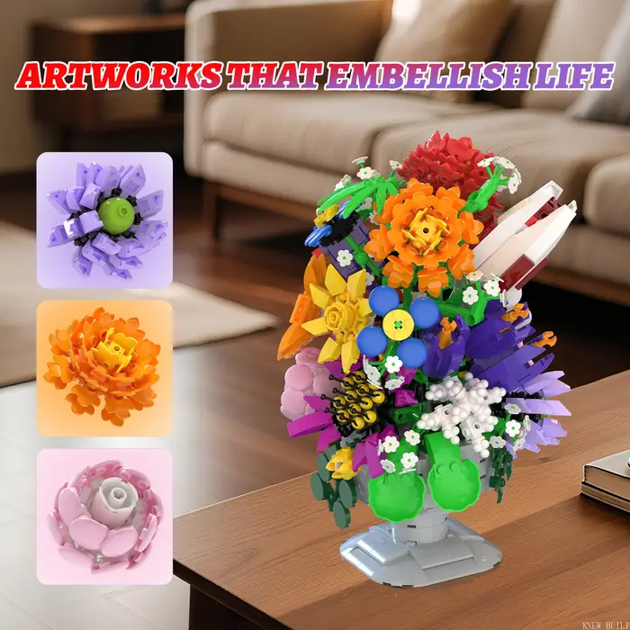 KNEW BUILT Bouquet de Fleurs Éternelles en Blocs de Construction – Ornement Romantique pour Mariage, Décoration Élégante pour la Maison, Cadeau pour la Journée de la Femme, Jouet Anti-Stress