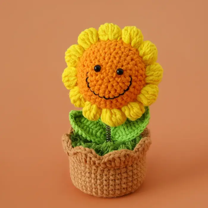 Fleurs au Crochet de blé avec plante tricotée en pot