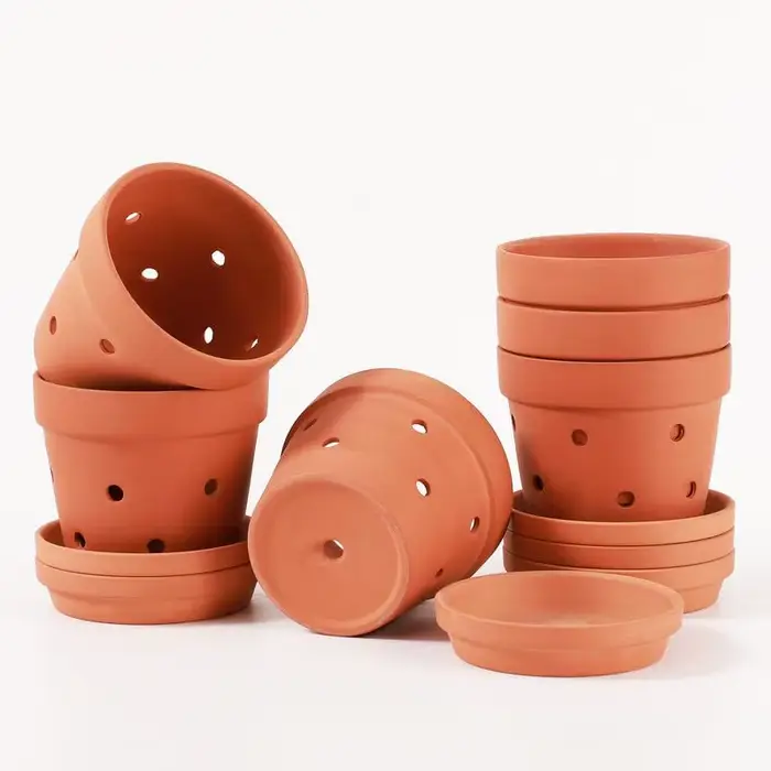 6 pots à orchidées en terre cuite de 4 pouces avec trous et soucoupes - Petits pots à orchidées en a