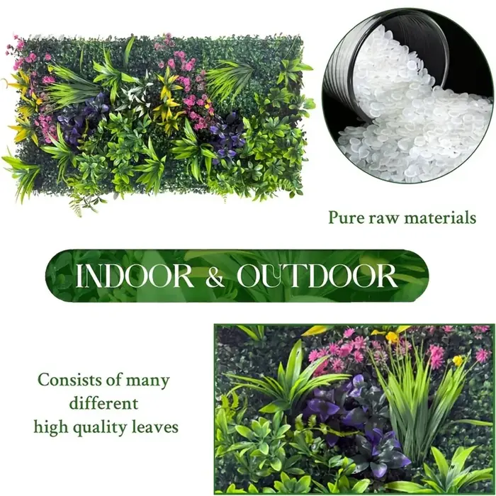 Panneau mural décoratif en plantes vertes artificielles haut de gamme de 50 à 100 cm avec textures de feuilles et de fleurs réalistes pour la décoration extérieure