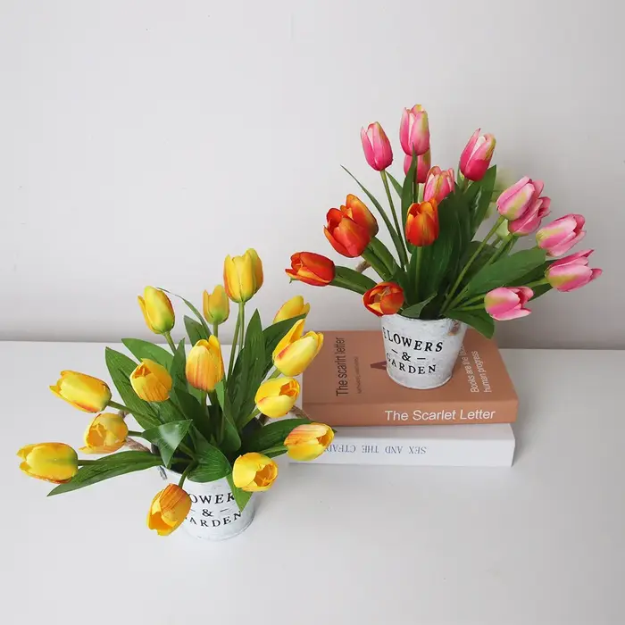 5 tulipe Simulation Bouquet Style Pastoral En Soie Tissu Faux Fleurs De Mariage Décoration Plante Verte En Pot Accessoires