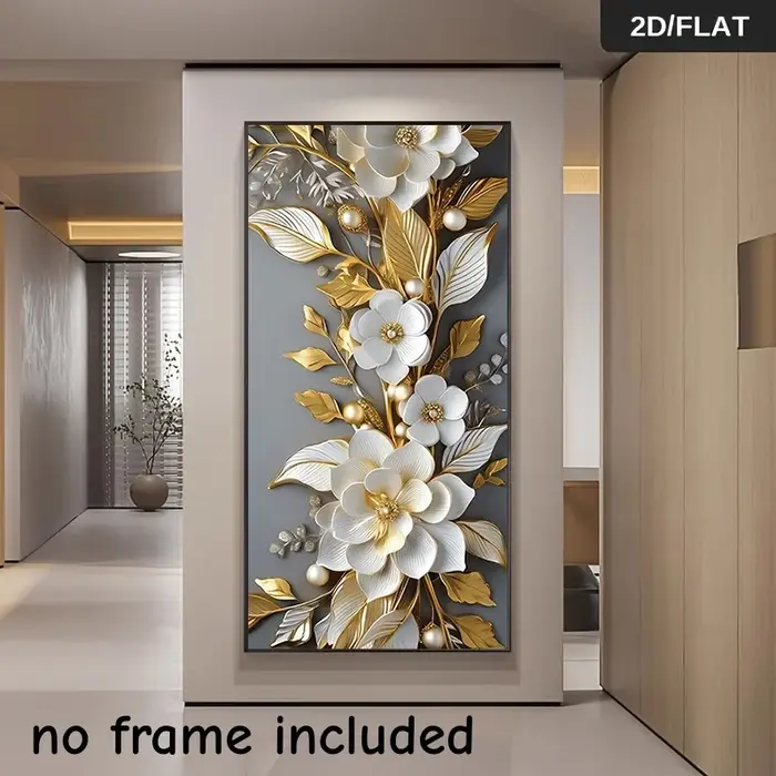 1 peinture sur toile moderne et luxueuse avec des fleurs dorées et blanches, décoration en perles, peinture suspendue sans cadre, pour salon
