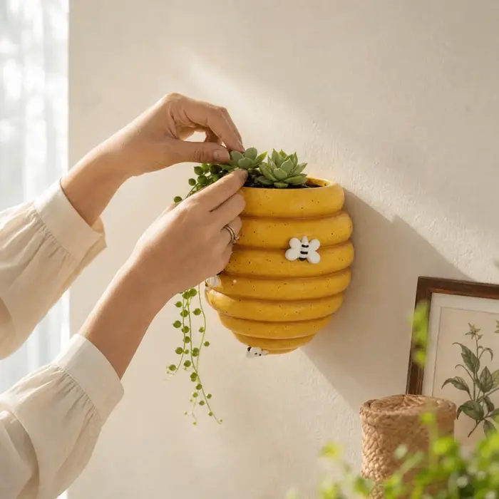 Pot de fleurs mural rustique en résine, motif abeille unique, nid d'abeille, style dessin animé, pour bureau