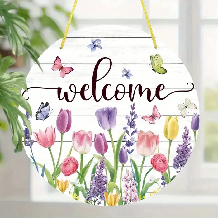 1 pièce, Panneau de bienvenue floral d'été en bois à suspendre