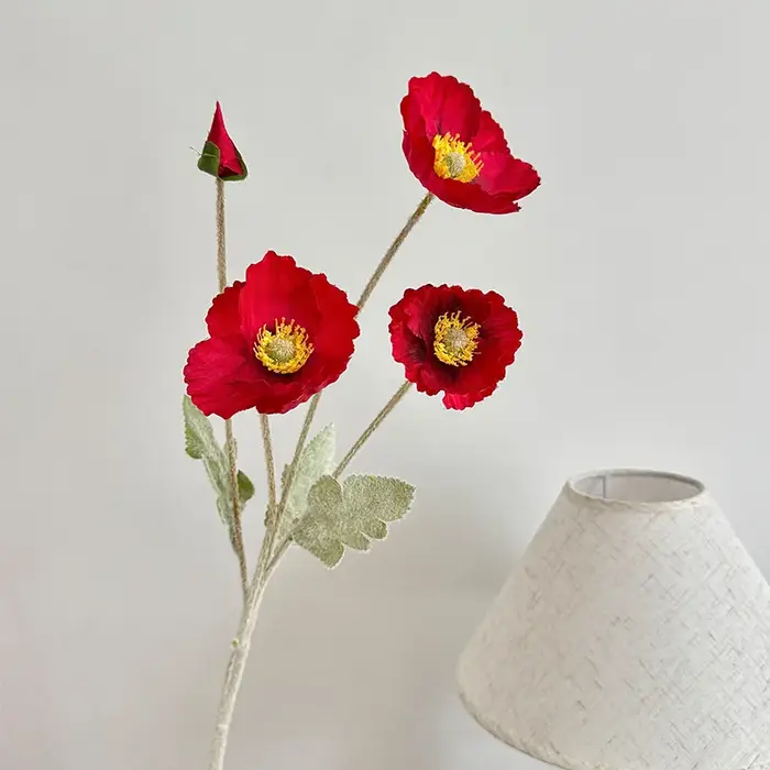 Fleur artificielle pavot floqué de 60 cm pour centre de table