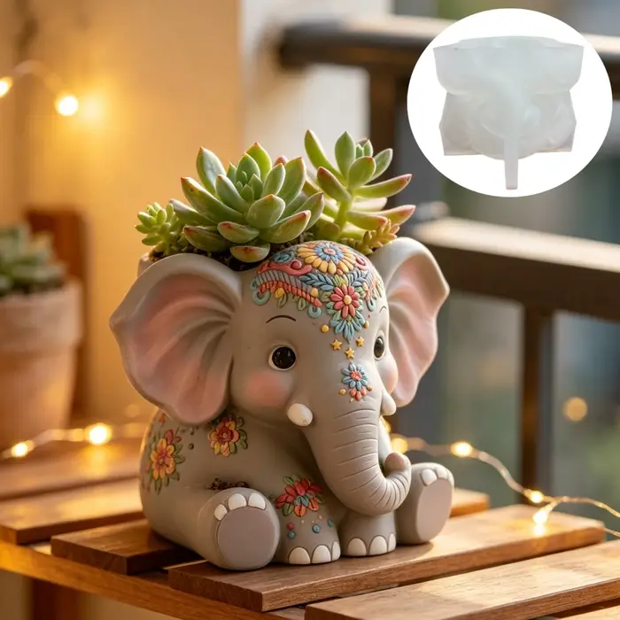 Moule en silicone pour pot de fleurs en résine, motif éléphant accroupi et plante succulente, boîte de rangement éléphant en relief floral, moule en gypse pour bougie