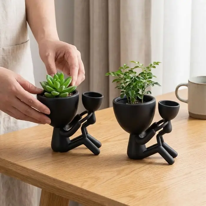 Pot de fleurs imprimé en 3D, figurine mère et enfant, thème familial, pot à plantes minimaliste avec mère et enfant enlacés, base stable anti-basculement