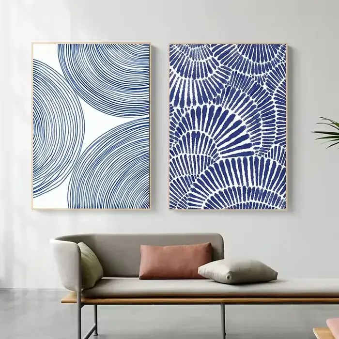 Affiche de fleur à points de ligne bleue aquarelle minimaliste