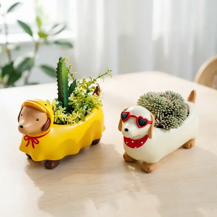 Pot à succulentes en résine en forme de Teckel mignon - Adorable pot de fleurs en forme de chien avec trou de drainage pour plantes d'intérieur, bureau et décoration de la maison