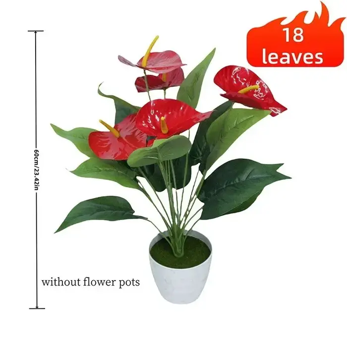 Plante artificielle Anthurium de qualité supérieure à 18 têtes, 60 cm, rouge et verte, en plastique,