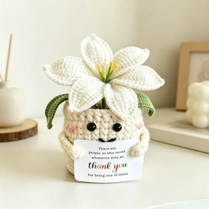 Plante en pot de lys tricotée à la main, pot de fleurs au crochet, ornement de bureau, décoration fl