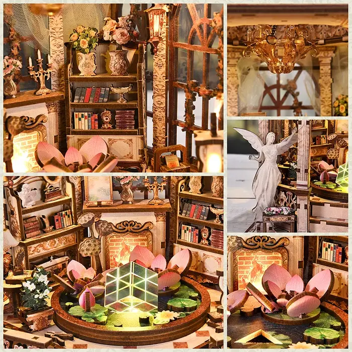 Kit miniature de serre-livres à monter soi-même "Les fleurs s'évanouissent au printemps", modèle de micro-scène en bois assemblé à la main, cadeau créatif