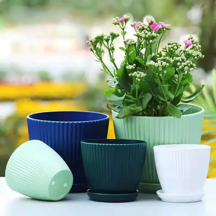 Pots de fleurs ronds en plastique avec plateau